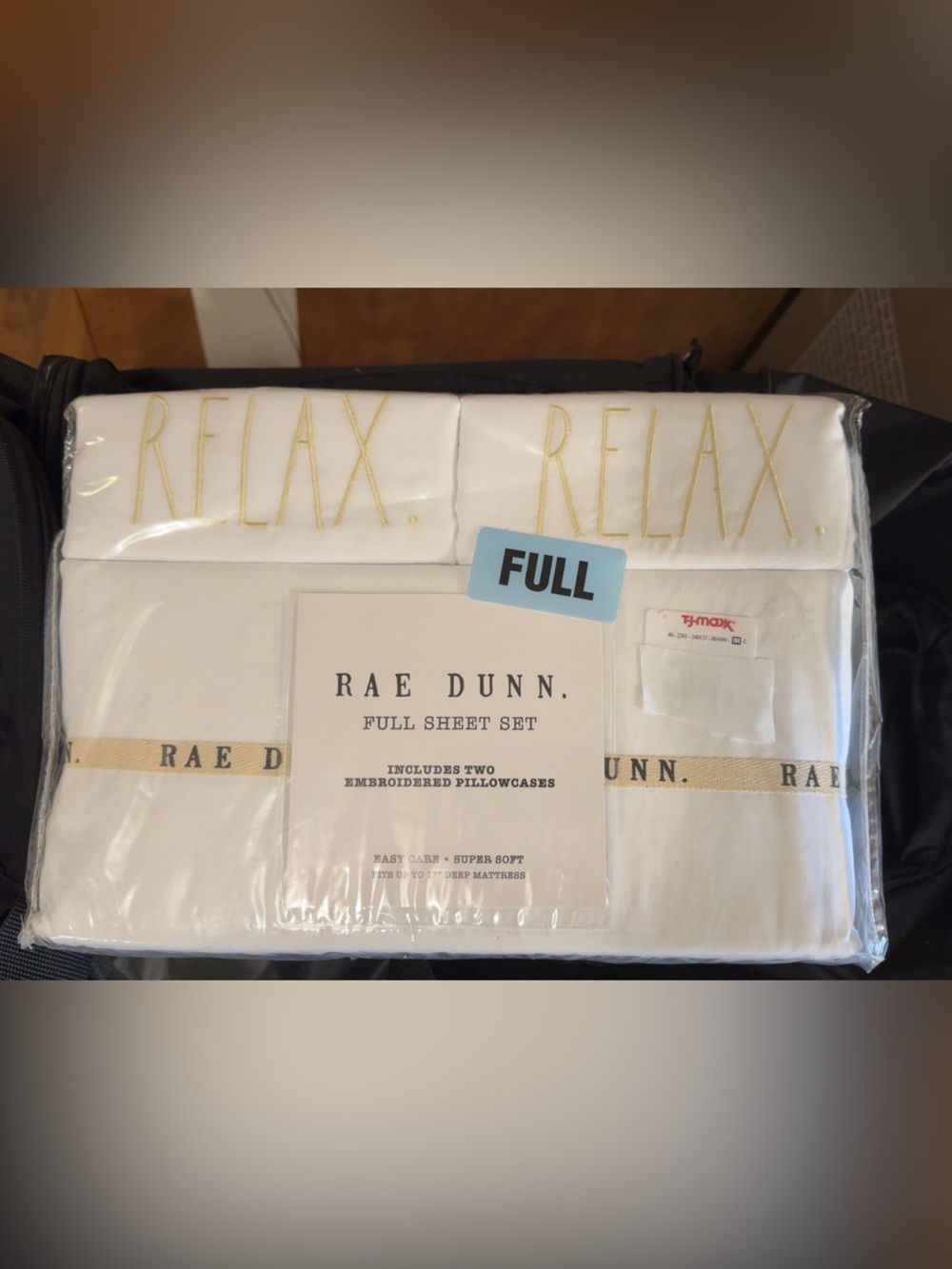 NWT Rae Dunn 'Relax' Full Sheet Set - White with Gold Embroidery